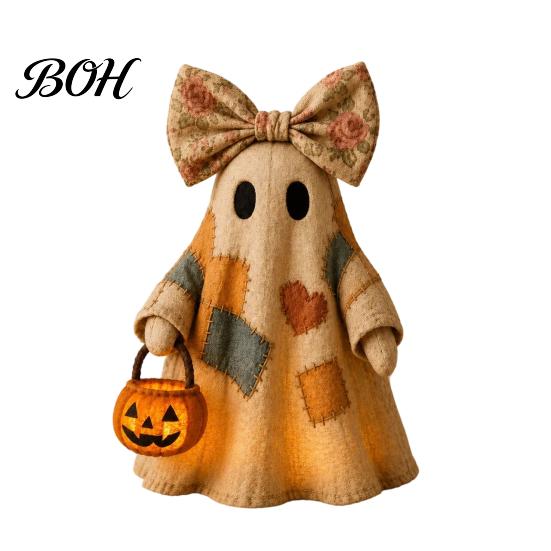 Light Up Ghost Lighted Vintage Patchwork Ghost, LED with Pumpkin Lantern Halloween Decor, Ghosts Lamp Lamp, Rustic Fall Figurine Decoration for Mantel