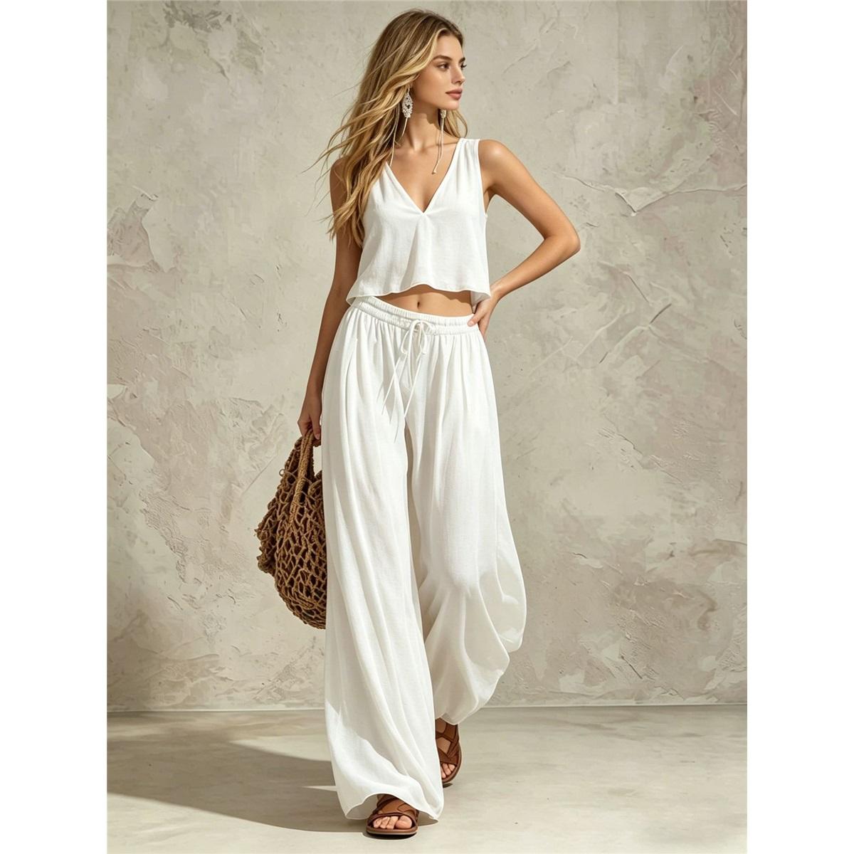 Damen 2-teiliges Outfit V-Ausschnitt Ärmellos Crop Top Elastischer Kordelzug Weite Hosen Lässiges Urlaubs-Set XL weiß
