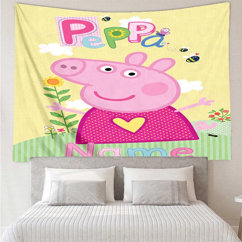 Custom Name Peppa Pig Print Tapestry, Backdrop, Easy Setup, Ideal for Bedroom, Office & Living Room, with Aesthetic Wall Hanging Decor.