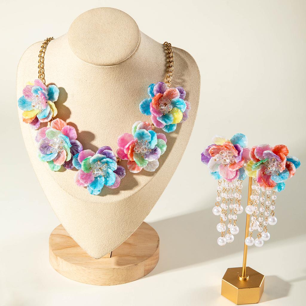 Bunte Dreidimensionale Blume Kurze Halskette Schlüsselbein Kette Ohrringe Für Frauen