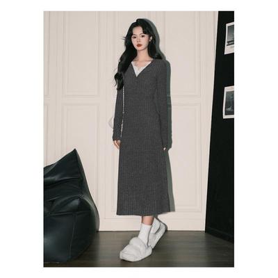 Pure Desire Women's Elegant Grey Lace V-Neck Knit Dress, Faux Two-Piece Long Skirt Layer
