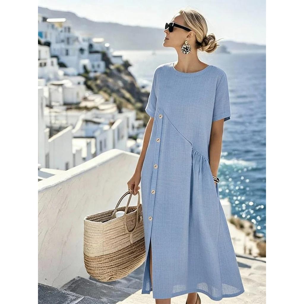 New Spring Summer Waist Cinched Side Button Drawstring Dress, Lazy Casual Vacation Dresses for Women Europe America Crossborder