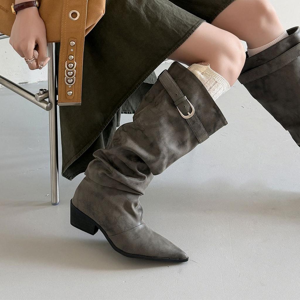 Niche Design Pointed Belt Buckle Knight Stacking Boots Women'S Thick Heel High Boots Pleated Leather Boots