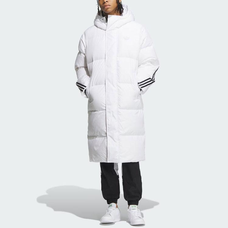 Adidas Originals FW23 Long Puffer Coat with Classic Stripes Men Outerwear White IU4832