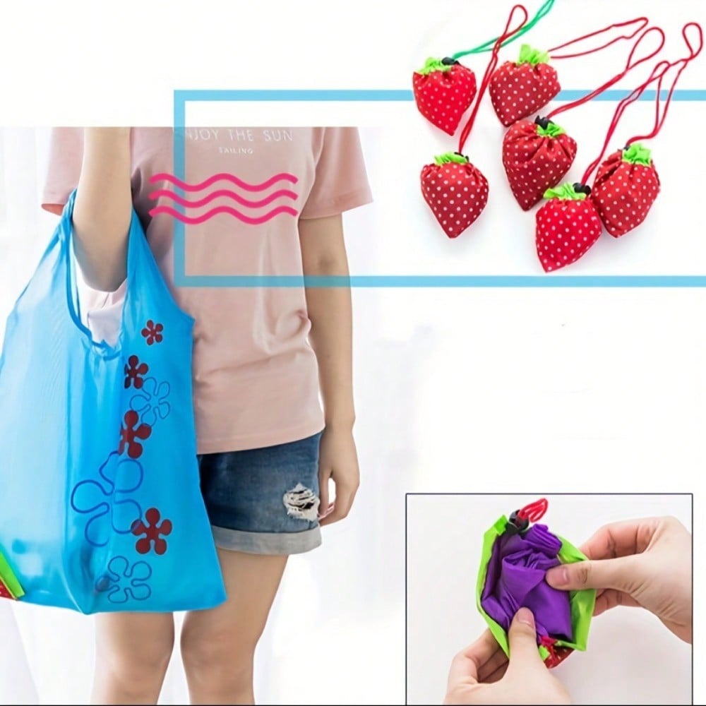 1pc Reusable Grocery Shopping Bag | Leak Proof, Square Shape, Foldable Tote With Cute Strawberry Design And Clutch Accessory