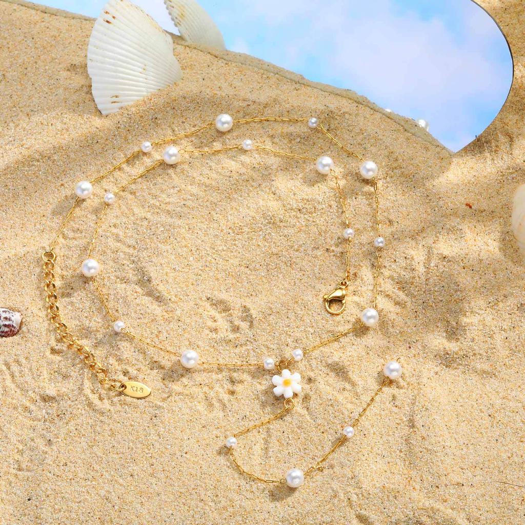 Cold Wind Temperament Collarbone Chain Female, Stainless Steel Size Imitation Pearl Flower Y-Shaped Necklace Nc-2189