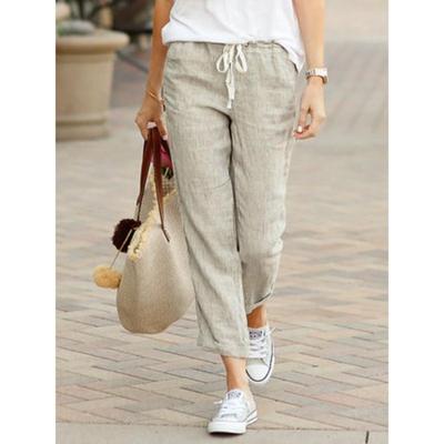 Casual Dames Joggingbroek van Katoen en Linnen Elastische Taille Trekkoord Los Toelopend Capri Broek met Zakken Effen Kleur