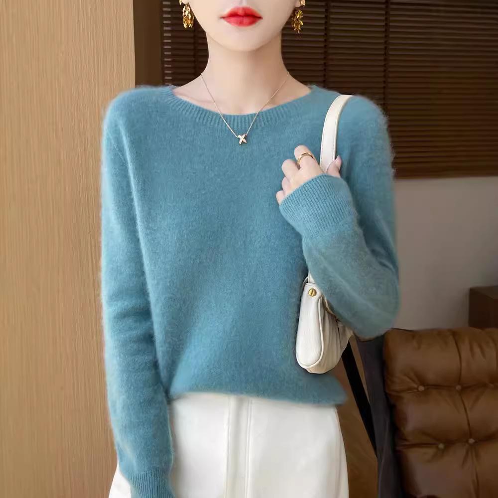 Women's Solid Color Wool Knit Pullover Sweater for Fall and Winter