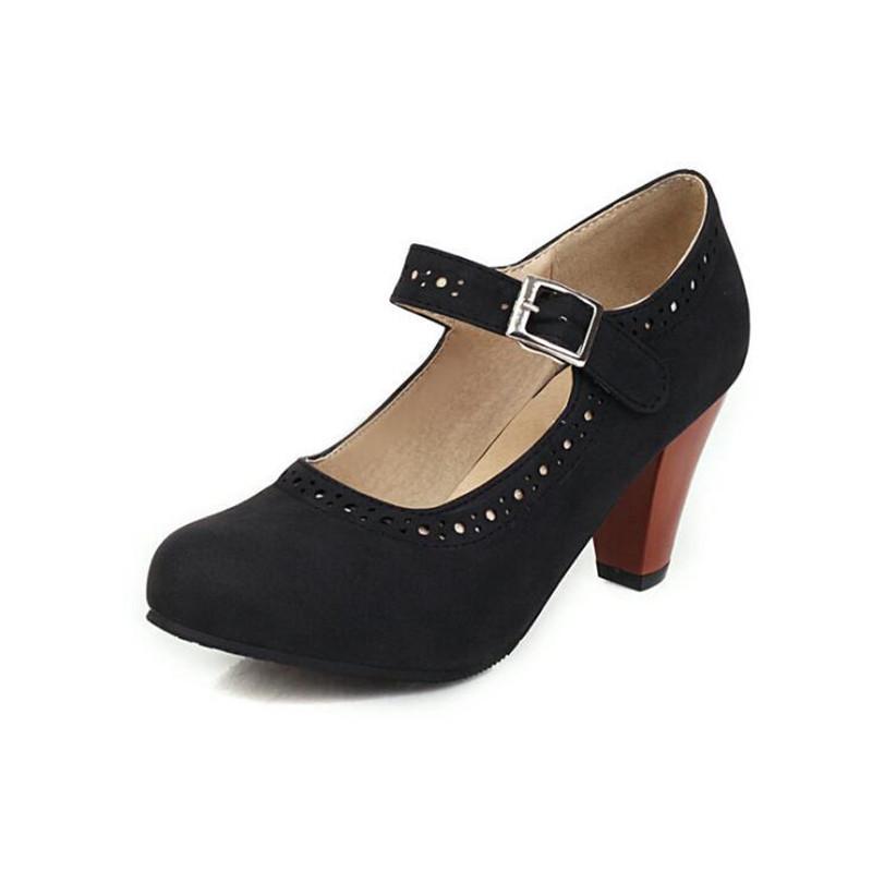 Girls' Shoes Women Pumps Solid Buckle Round Toe Lolita Shoes Square Heel Ankle Strap Shoes Woman High Heel Shoes Plus Size 32-43