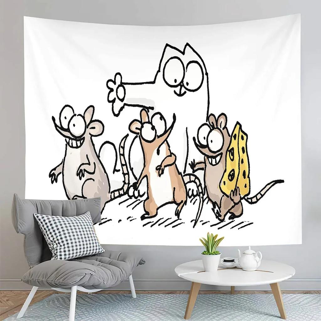 Wandteppich mit Cartoon-Motiv, süße Katze, für Zuhause, Wanddekoration, Wandteppich für Büro, Wohnzimmer