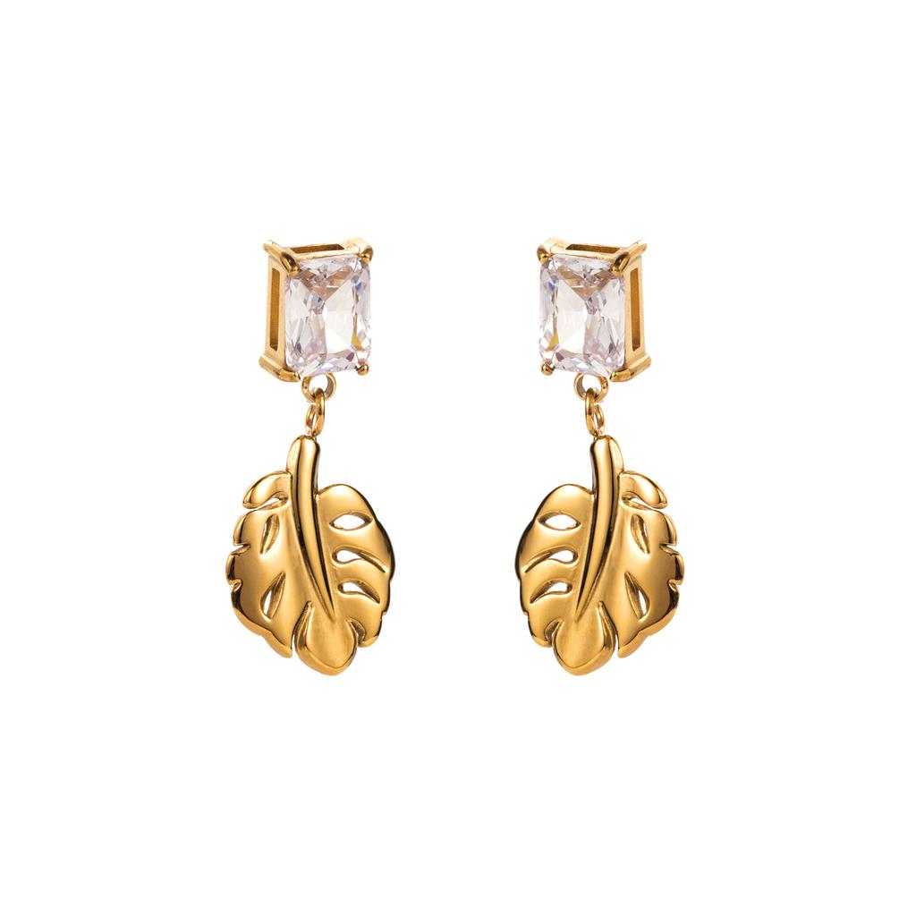 Gorgeous Vintage Stainless Steel Leaf Earrings with Zirconium Stones