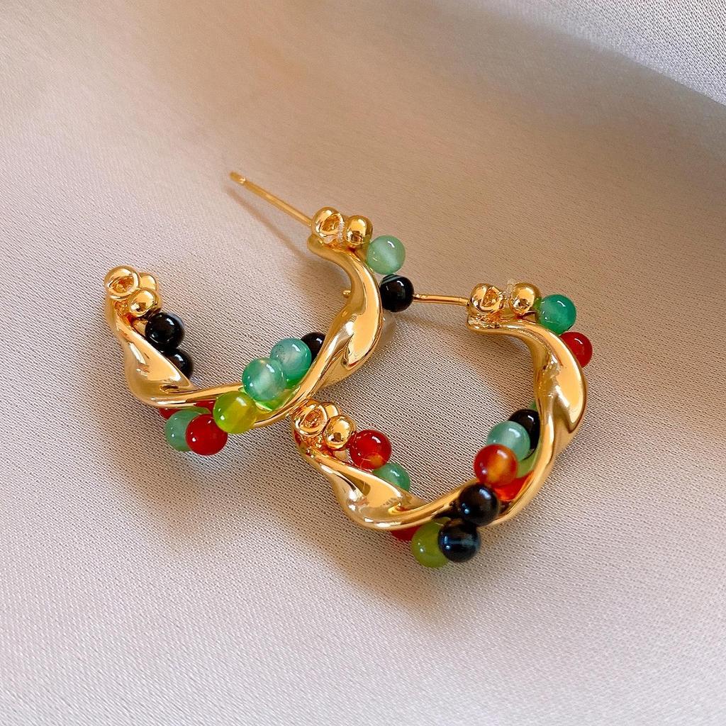 Geometric Tiger's Eye Stud Earrings, Retro Millard Style - Unique Design with Silver Needle 