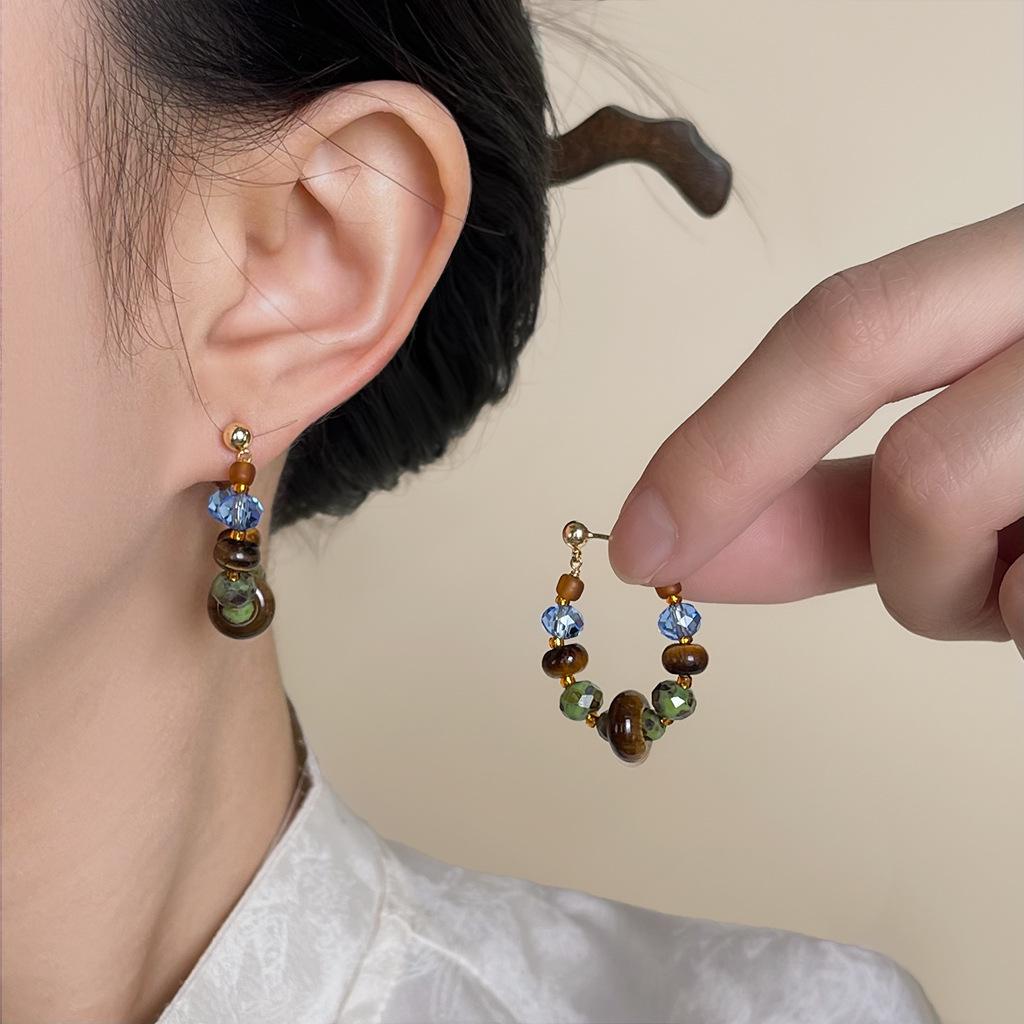 Chinese Tiger Eye Beaded Hoop Earrings - Retro Ethnic Style for Women