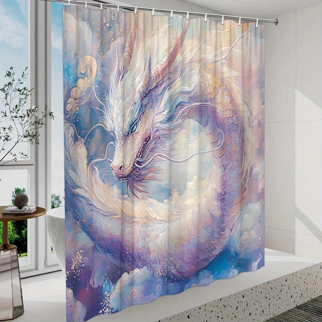 ~O~Lavender Dragon Shower Curtain - Fantasy Design, Flowing Scales & Mystical Sky, Polyester, 12 Hooks, 70.8x70.8 Inches, Washab