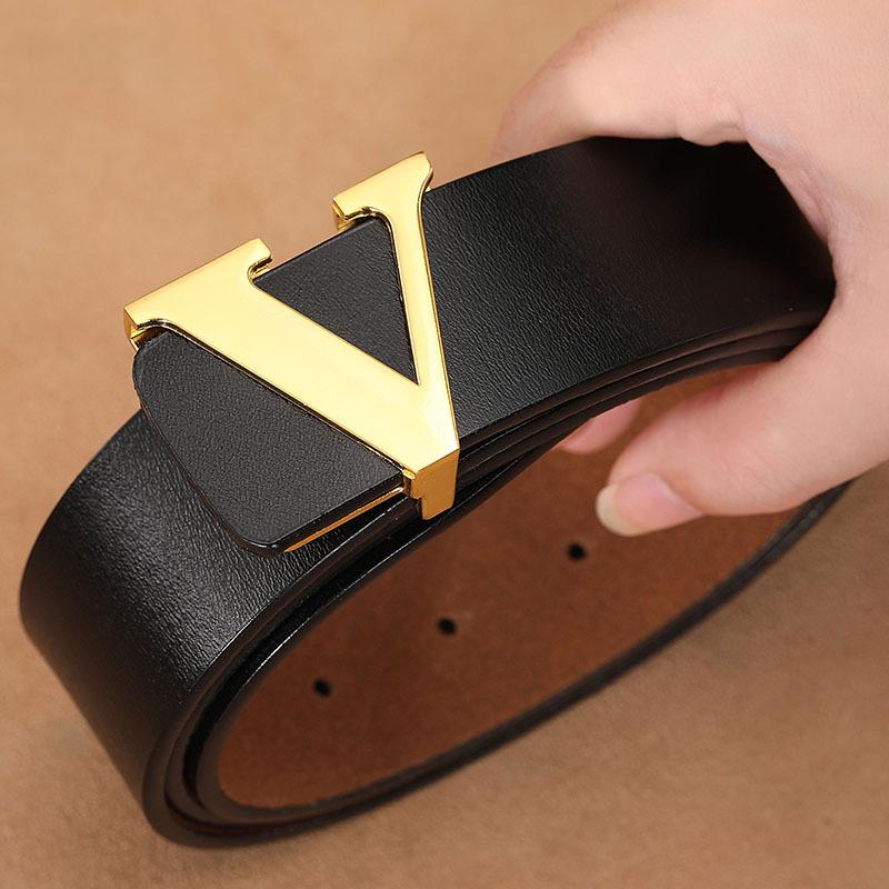 Men's Retro Smooth Buckle Belt - Large Size Genuine Leather Cowhide with Letter V Design