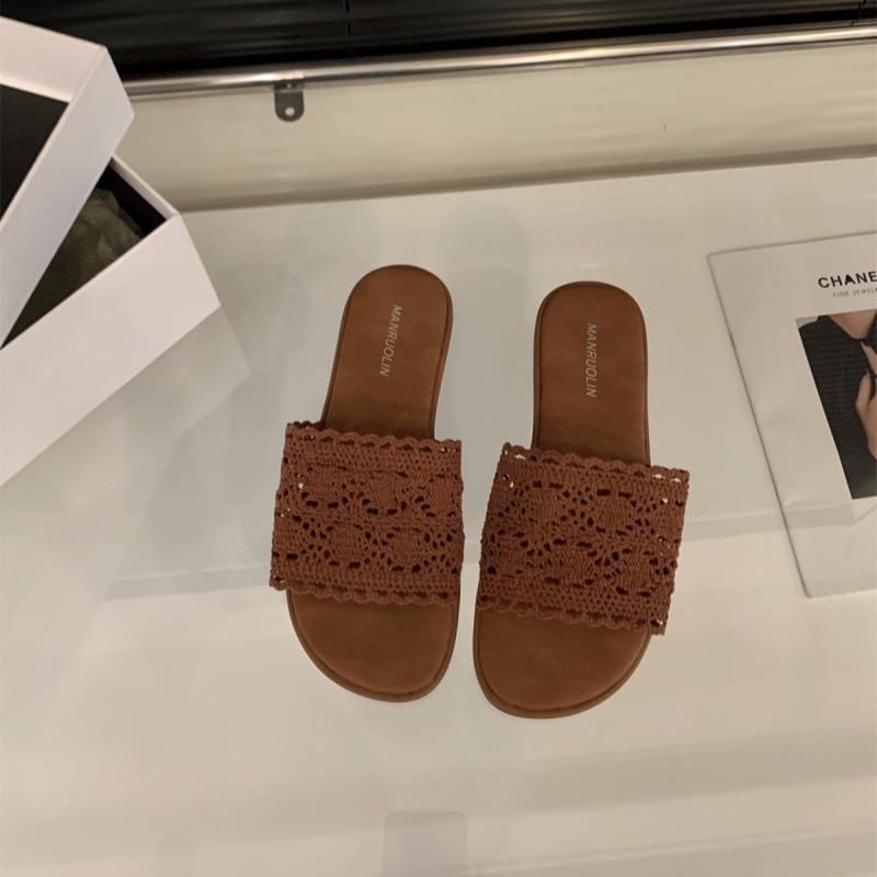 

Ретро отпуск ветер пляжная обувь одно слово крутые тапочки женская обувь носить 2025 новый летний плоский римские сандалии 40 коричневый