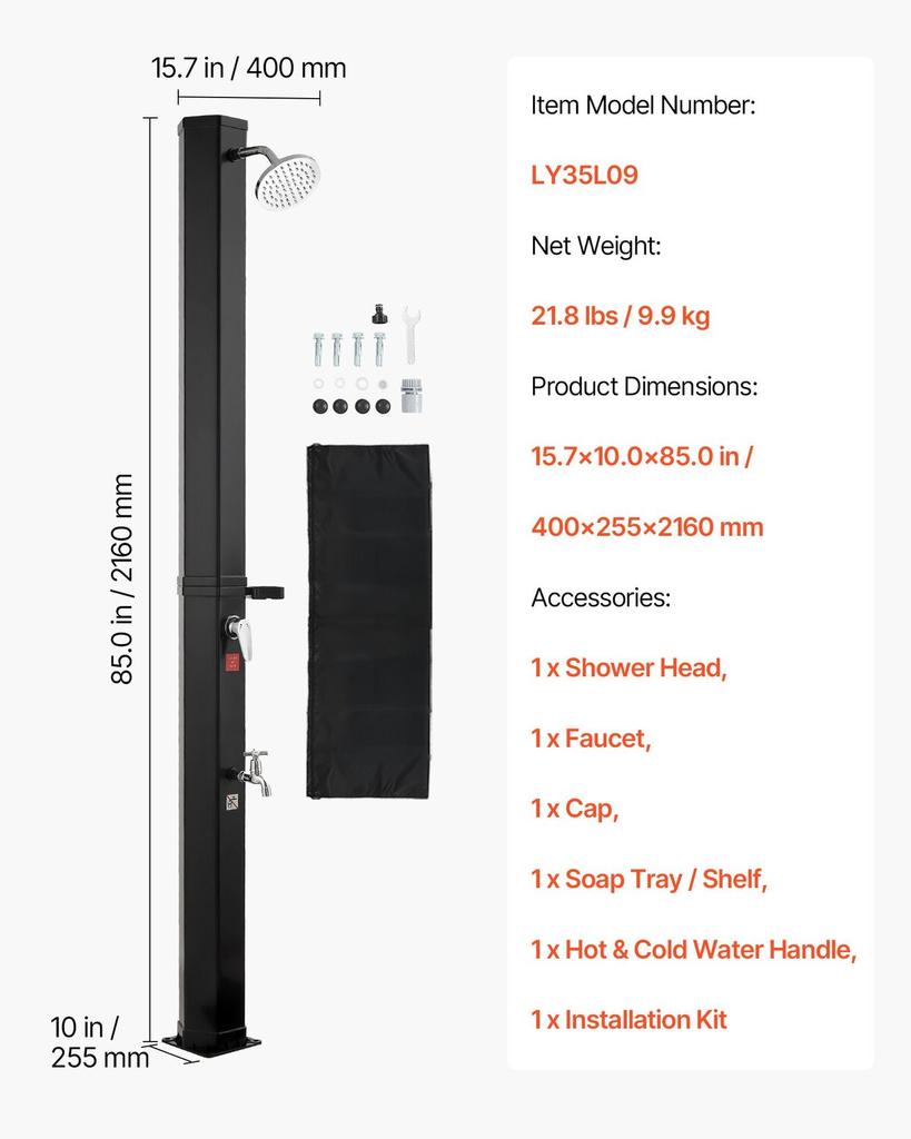 35L Solar Heated Shower, 195cm Showerhead Height Outdoor Shower, with Foot Faucet & Soap Box Rack, Hot & Cold Water Adjustment, Freestanding for