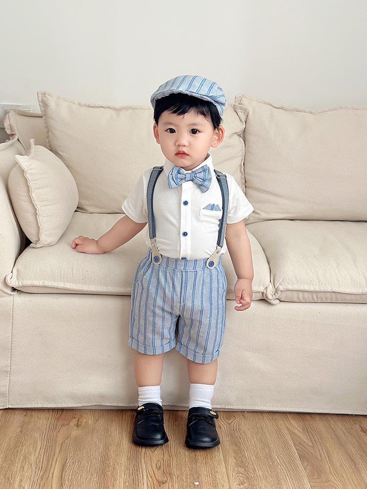 2025 European Style Boys' Summer Bodysuit Set: Short Sleeve, Shorts, and Hooded Three-Piece Outfit