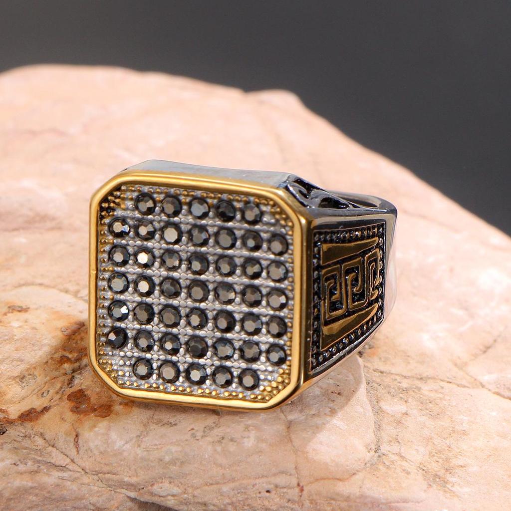 LNCHRAN Men's Retro Two-Tone Ring with Black Synthetic Zirconia, 304 Stainless Steel Square Design