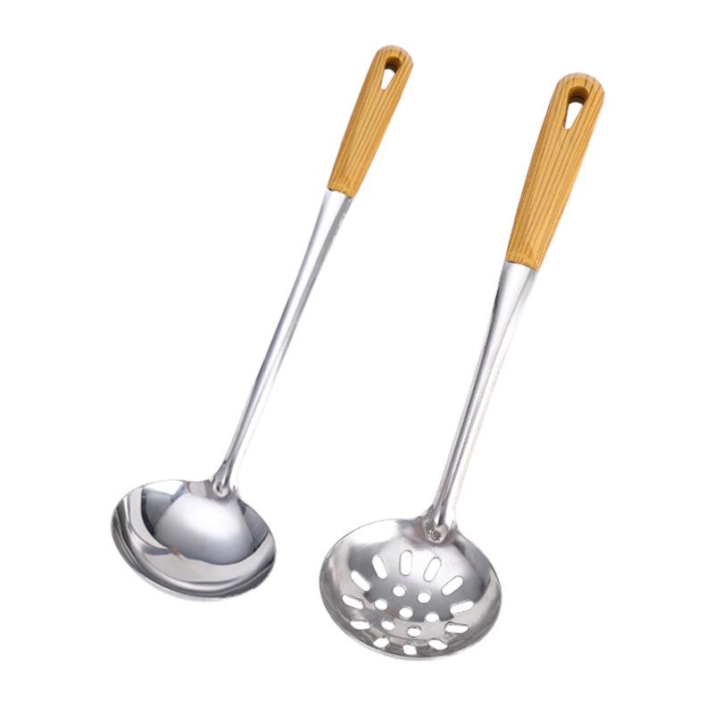 201 Stainless Steel Wood Grain Long Handle Soup Ladle Colander for Hot Pot, Household & Restaurant Kitchen Serving Spoon