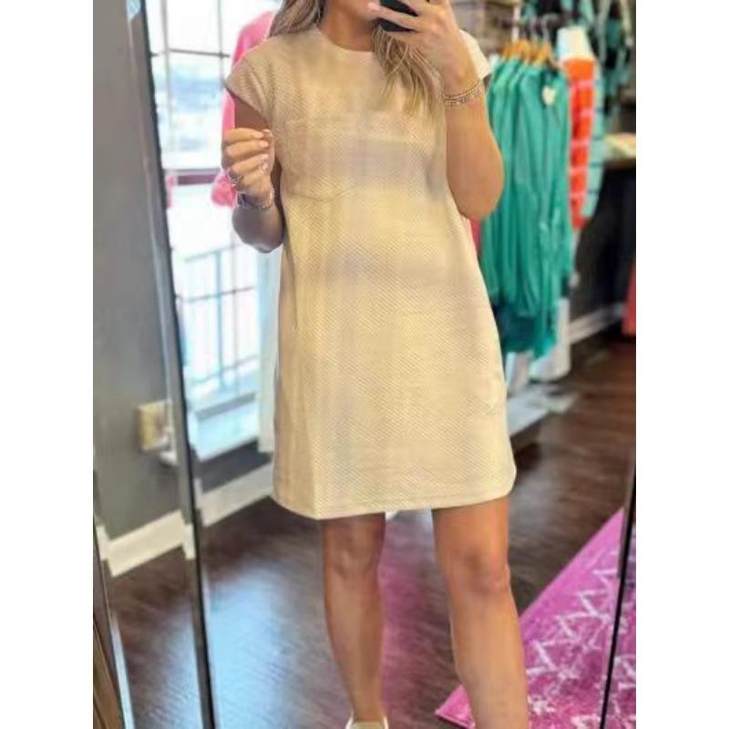YYFS Moda damska Lato Wiosna Jednolity kolor Drukuj Krótki rękaw O-Neck Luźna talia Casual Sukienki
