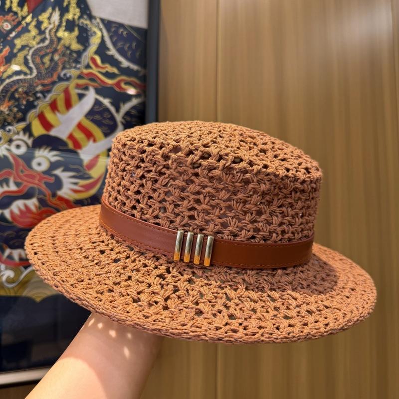 Old Money Wind Hollow Woven Flat Top Hat Women's Summer French Retro Seaside Beach Sunscreen Hat Sun Hat Straw Hat