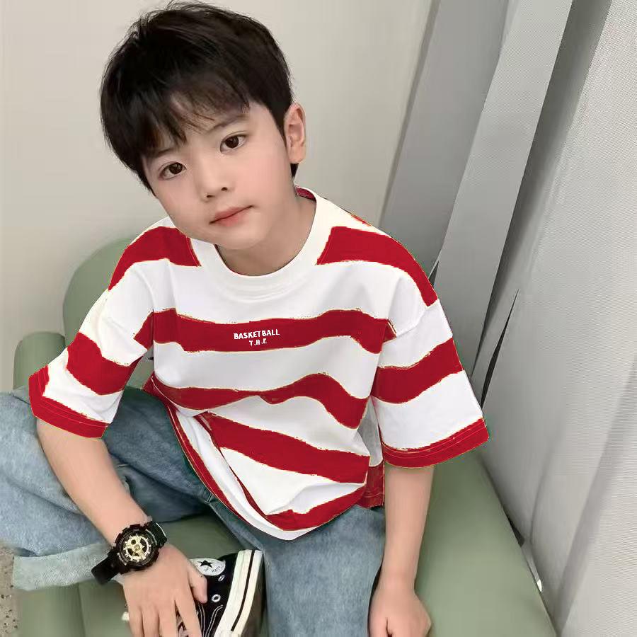 Boys Green White Striped Short Sleeve T-Shirt Letter Print Crew Neck Loose Fit Kids Casual Tee 110cm
