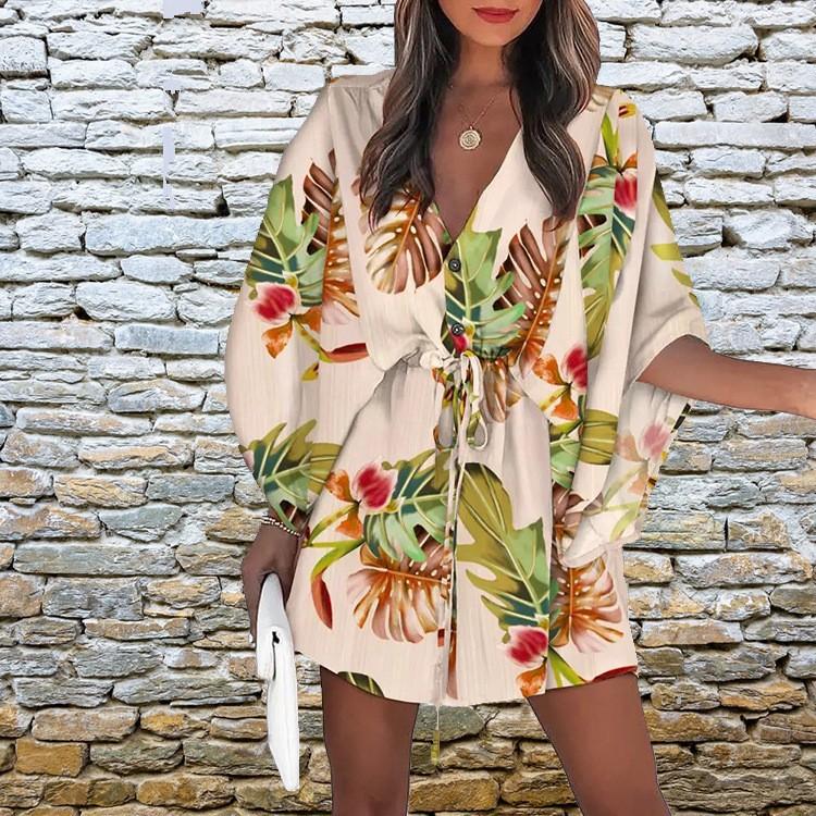 Dress Women, Summer New Short-sleeved V-neck Printed Bat-sleeved Casual Shirt Skirt Women
