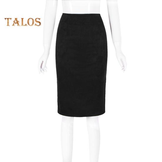 Fusta creion pentru femei, cu talie înaltă, cu șold înfășurat, de culoare uni, din piele de căprioară, cu design cu fantă în spate, cu fermoar, până la genunchi.