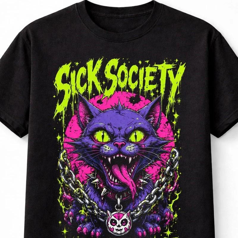 Sick Society Mad Cat Gothic Punk Neon Horror Graphic Unisex TShirt S