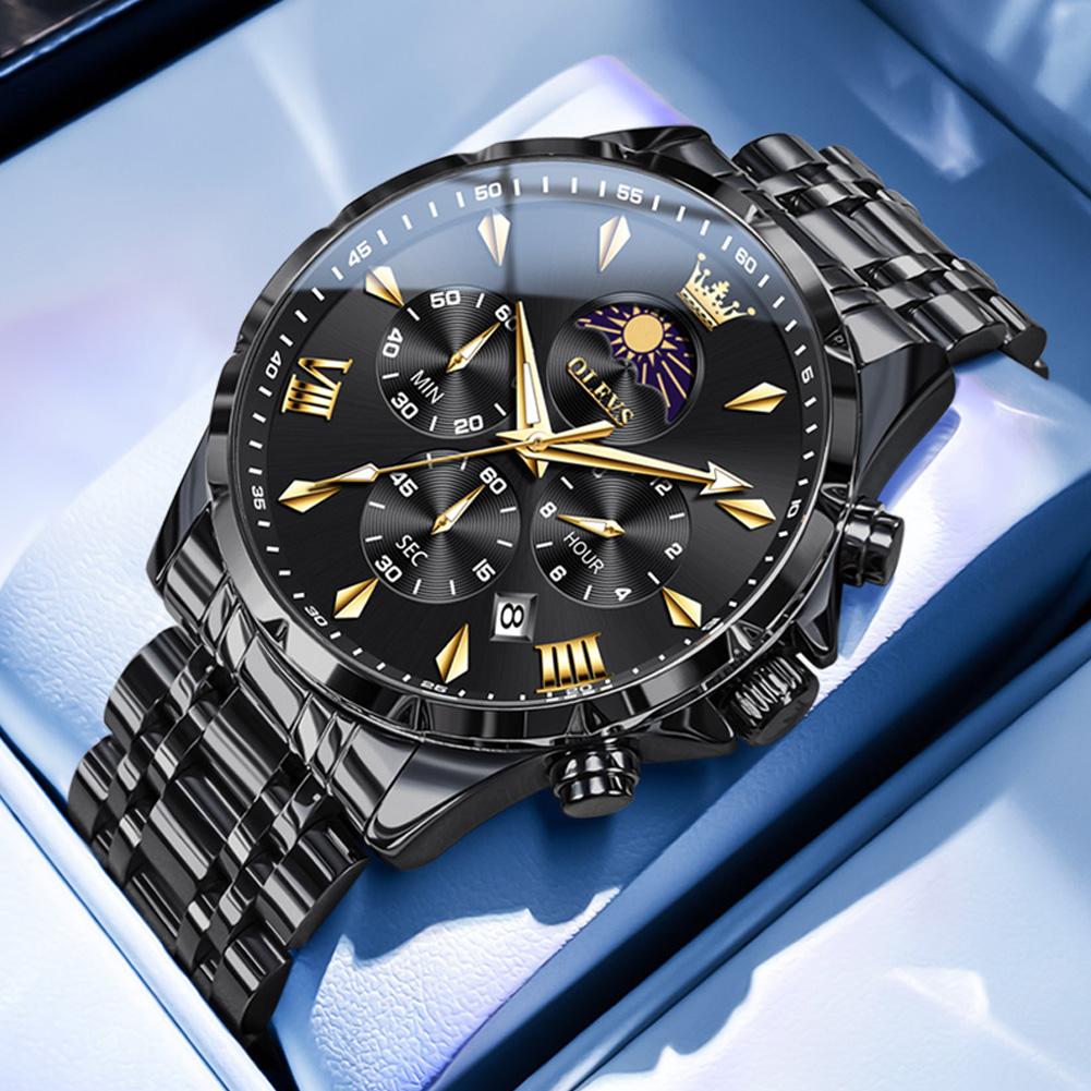 OLEVS Fashion Silver Blue Stainless Steel Watches for Men Sport Waterproof Man Moon Phase Date Male Quartz Wristwatch reloj