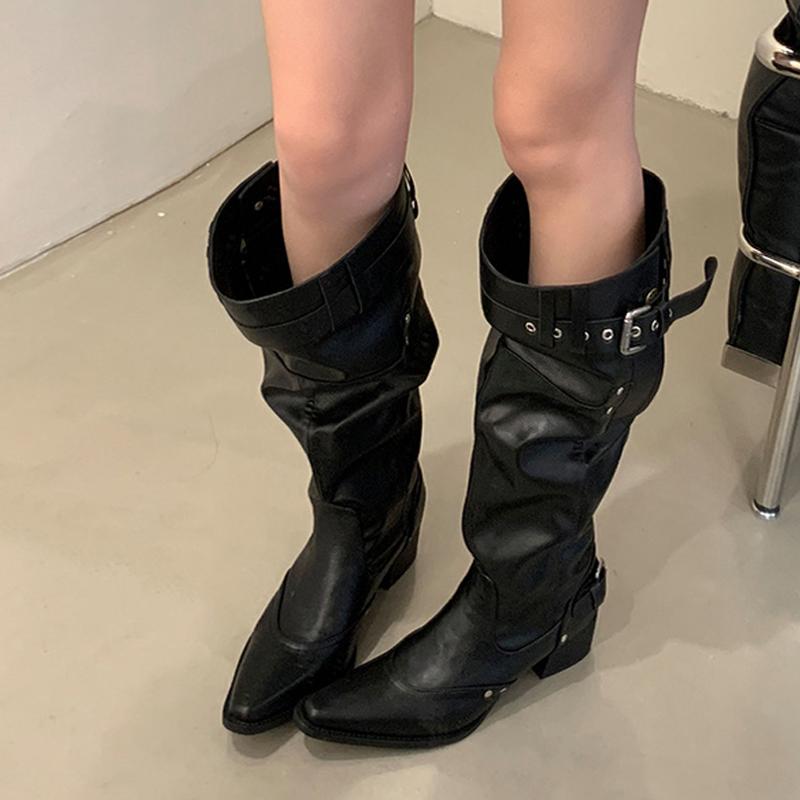 Mode Liyke Western-Stil Mode Schnallenriemen Cowboy Stiefel Damen Spitzzehen Herbst Winter Kniehohe Schuhe Niedrige Dicke Absätze Stiefeletten