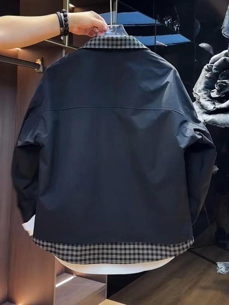 Men's 2026 Autumn Plaid Patchwork Two-Piece Look Jacket - Trendy, Loose Fit Korean Workwear
