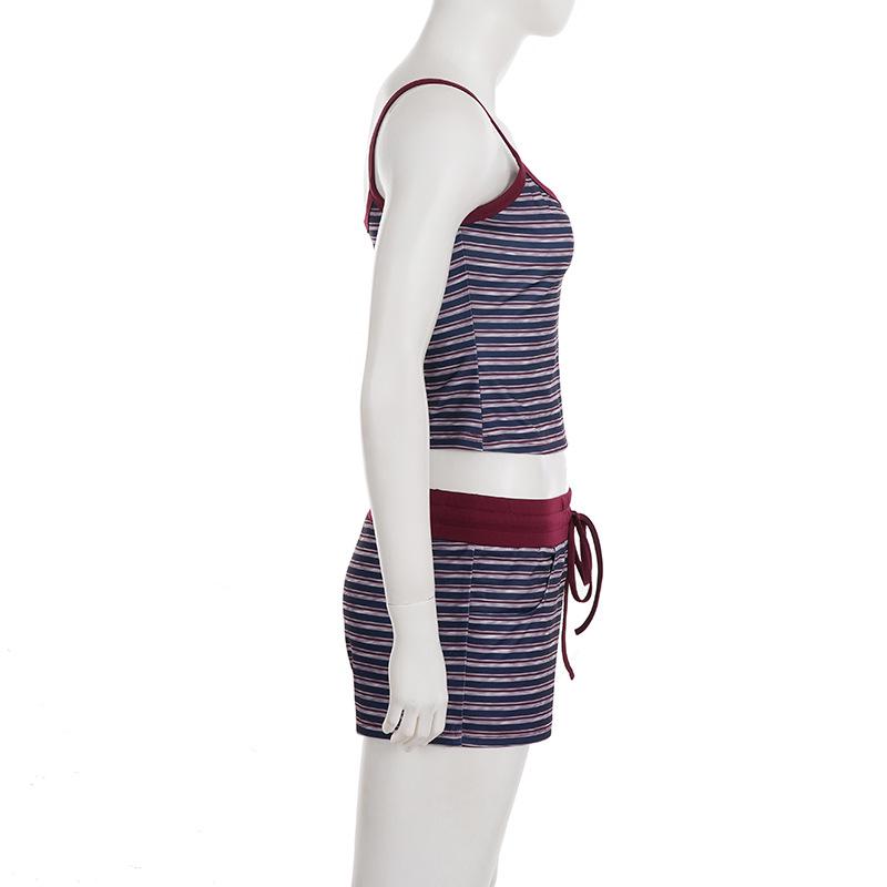 BM Style European & American Slim Crop Top & Shorts Set – Striped Camisole & Shorts for Women