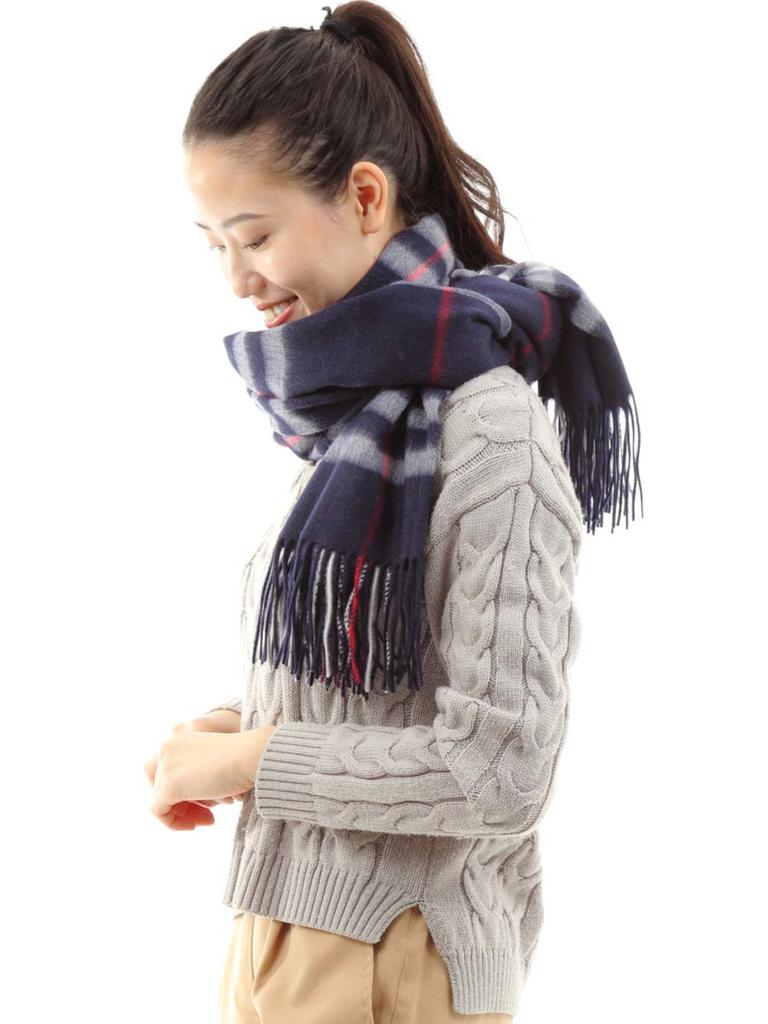 RAINBOW Large Thick Cashmere 70cm Wide X 200cm Long 100% Stole, Plaid, (Navy Check)