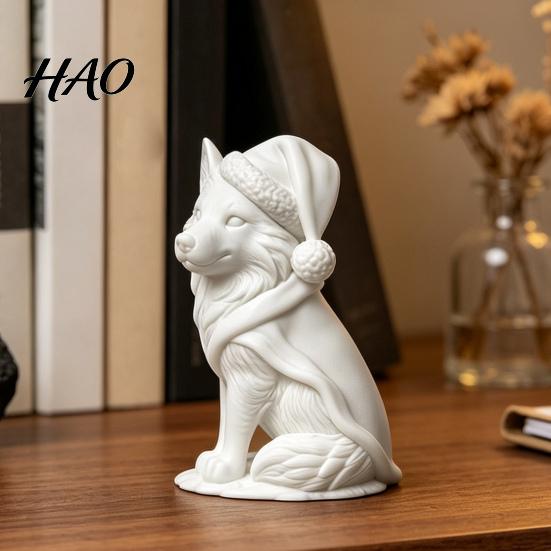 White Wolf Statue 3D Printed Figurine, Cute Christmas Animal with Santa Unique Holiday Present Hat And Scarf for Tabletop, Mantel Shelf Home