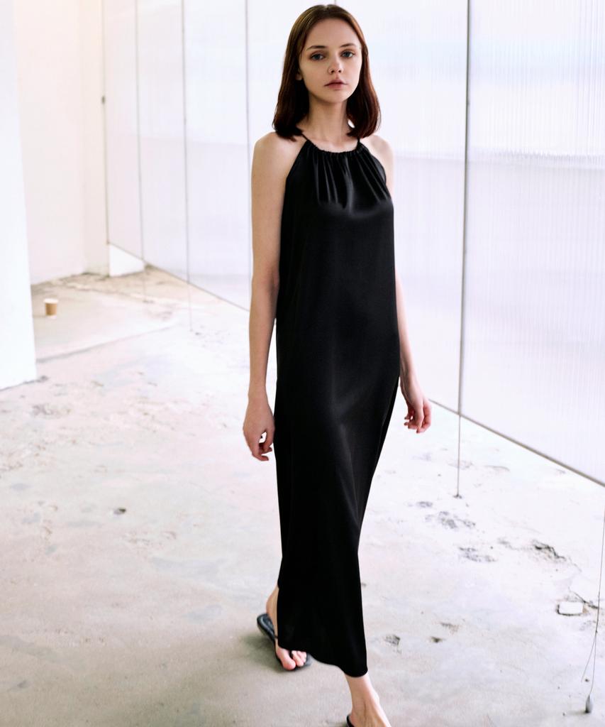 Rank 5 [Nelli] Satin One-Piece [Nelli] Satin Halterneck Dress_Black