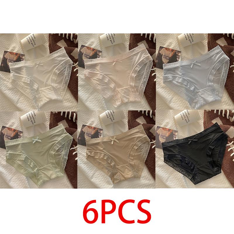 

6 шт. Бесшовное женское нижнее белье Ледяной шелк Средняя посадка Дышащее Чистый хлопок Антибактериальное Кружево Треугольные трусики-маска L