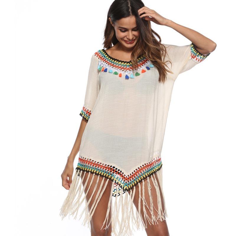 Summer Women's Hollow Out Sunscreen Holiday Style Rainbow Intercolour Tassel V-Neck Hand Hooked Beach Cover-up