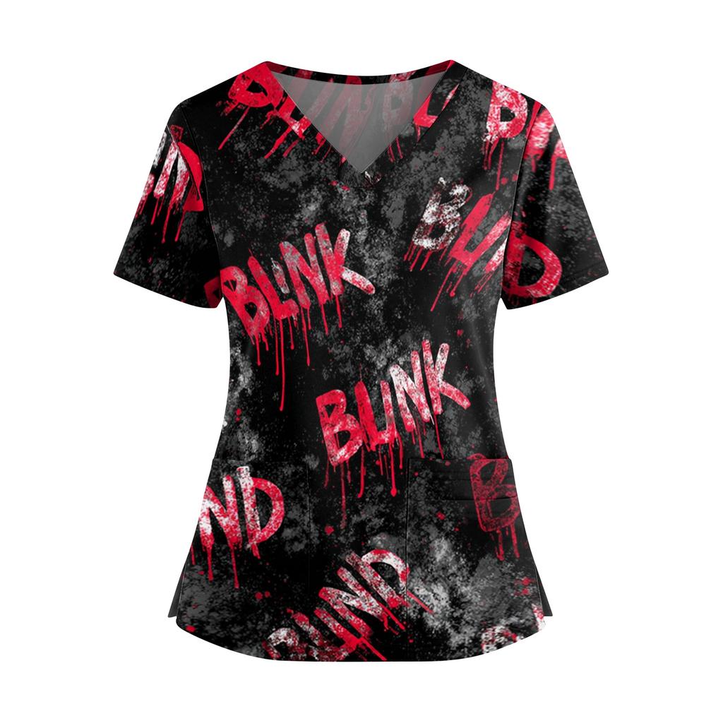 Damen Halloween Print V-Ausschnitt Kurzarm Kasack mit Doppeltaschen und Seitenschlitz