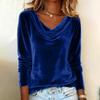 Women'S Solid Color Velvet Cowl Neck Blouse Long Sleeve Draped V-Neck Pullover Top Elegant Casual Loose Fit Fall Winter T Shirt