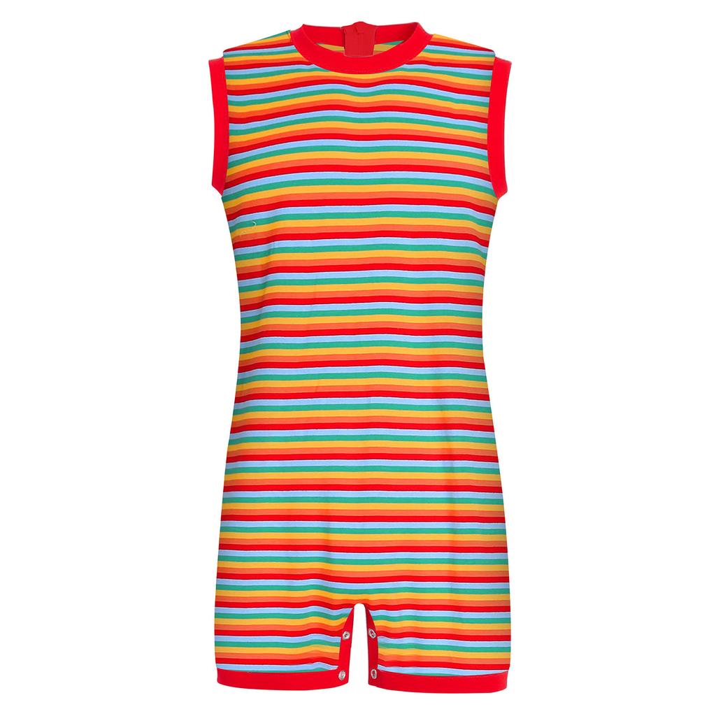 Unisex Special Needs Adaptive Clothing Sleeveless Back Invisible Zipper Press Button Crotch Striped Jumpsuit