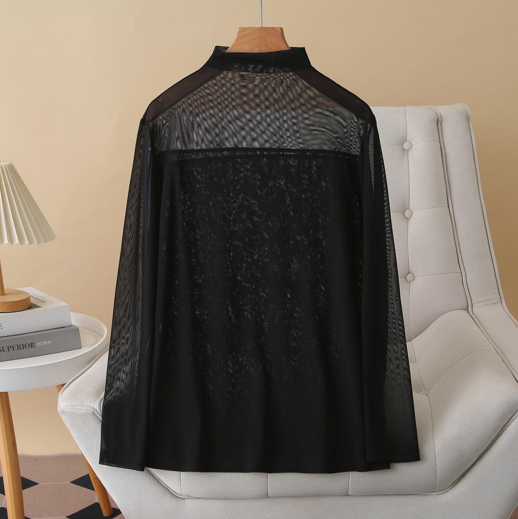 

2026 Spring Plus Size Women s Mesh Base Layer: Slimming, Stretchy, Long Sleeve, Semi-High Neck Top, Fits Up to 200 Jin 3XL чорний
