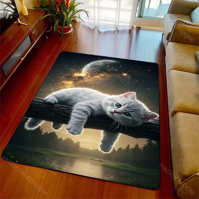 Tappeto Tappetino Decorazione Casa Non Scivoloso con Stampa Gatto Bianco su Albero Cielo Notturno per Soggiorno Camera da Letto Divano Zerbino