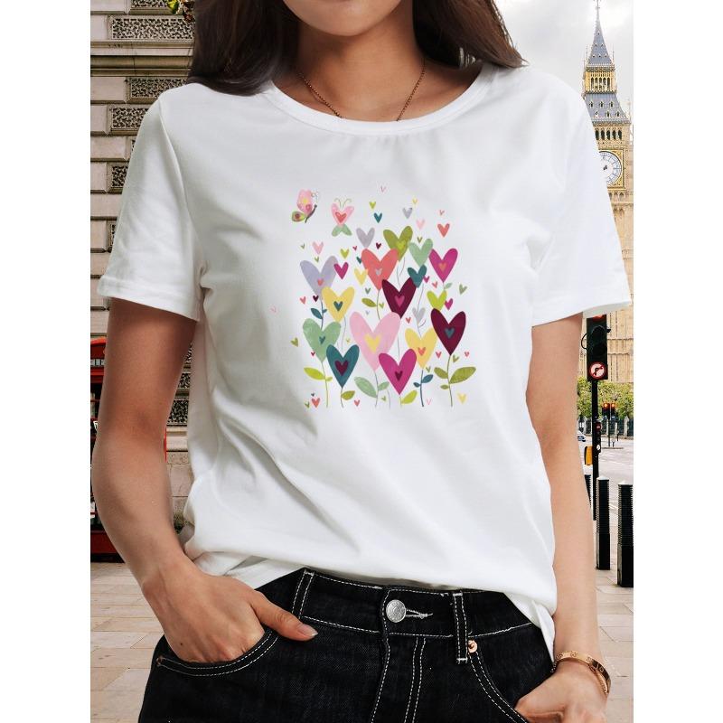 

European size Women s Colorful Heart Pattern T-Shirt - Suitable for Valentine s Day, Short-sleeved, Casual S белый