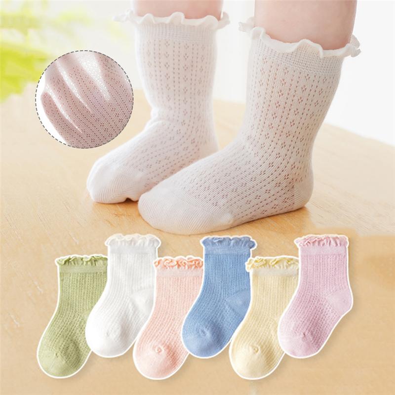 3 Pary/Partia Letnie Dziecięce Siateczkowe Cienkie Skarpetki Jednolite Miękkie Bawełniane Skarpetki Noworodkowe Księżniczka Falbanka Niemowlę Maluch Dziewczynki Śliczne Oddychające Skarpetki