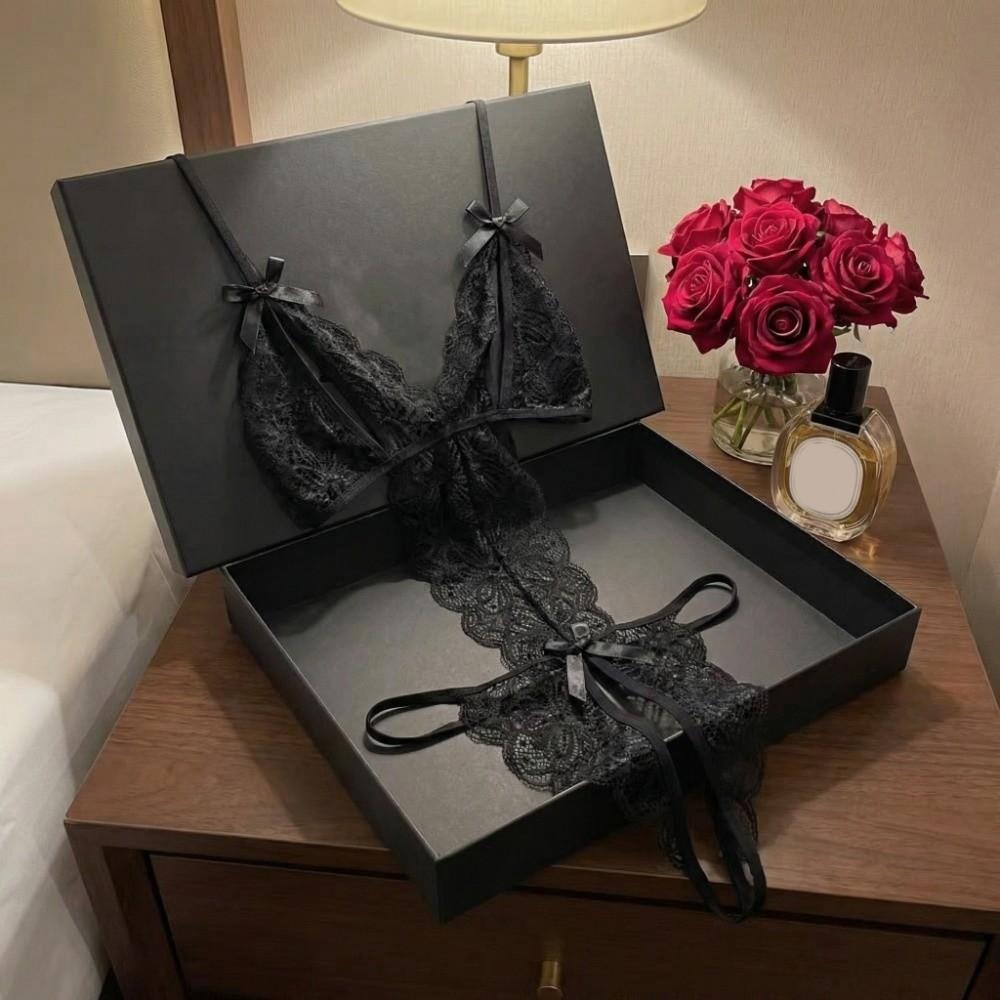 Deep V Neck Lace Bow Bodysuit Transparent Lace Sling Nightwear Sweet Women Lingerie  Ladies