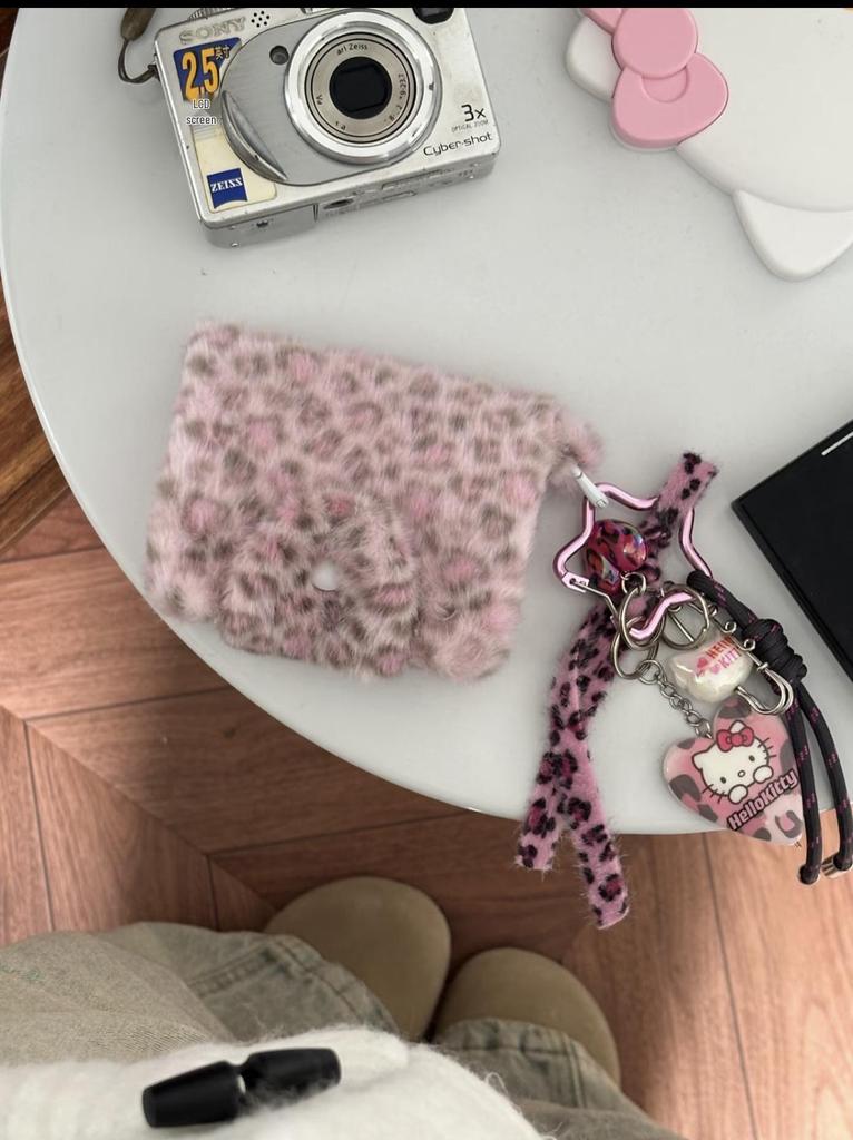 Pink Leopard Print Plush Bag: Cute Portable Earphone Case & Coin Purse for Autumn/Winter
