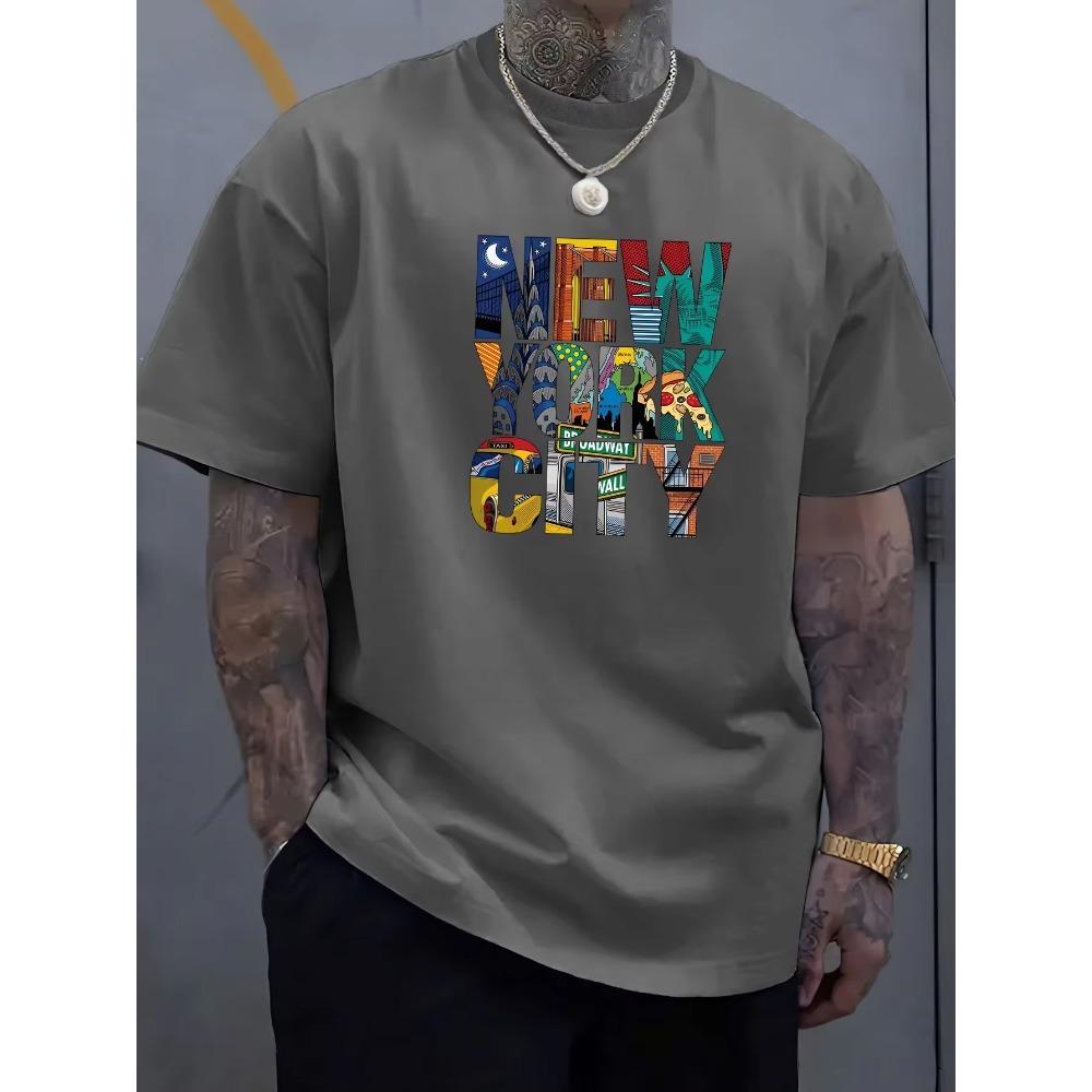 Summer men's 100% cotton comfortable casual loose plus size NEW YORK CITY printed sports round neck short sleeved T-shirt top