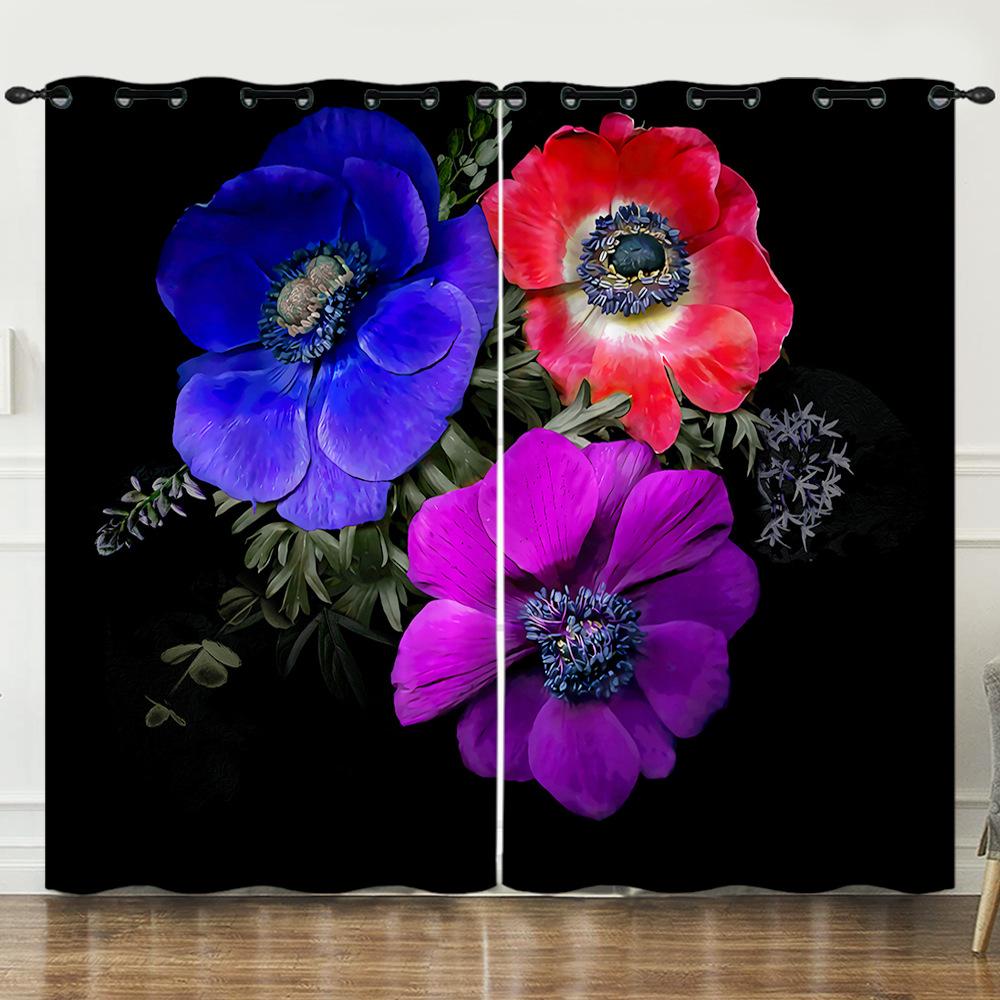 Curtains Small Daisies Black Bouquet 3D Digital Printing Blackout Curtain Punching
